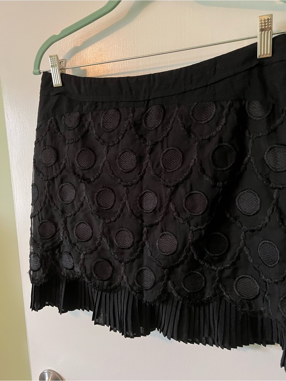 Ryu Black Mini Skirt with Circular Embroidery & Pleated Hem